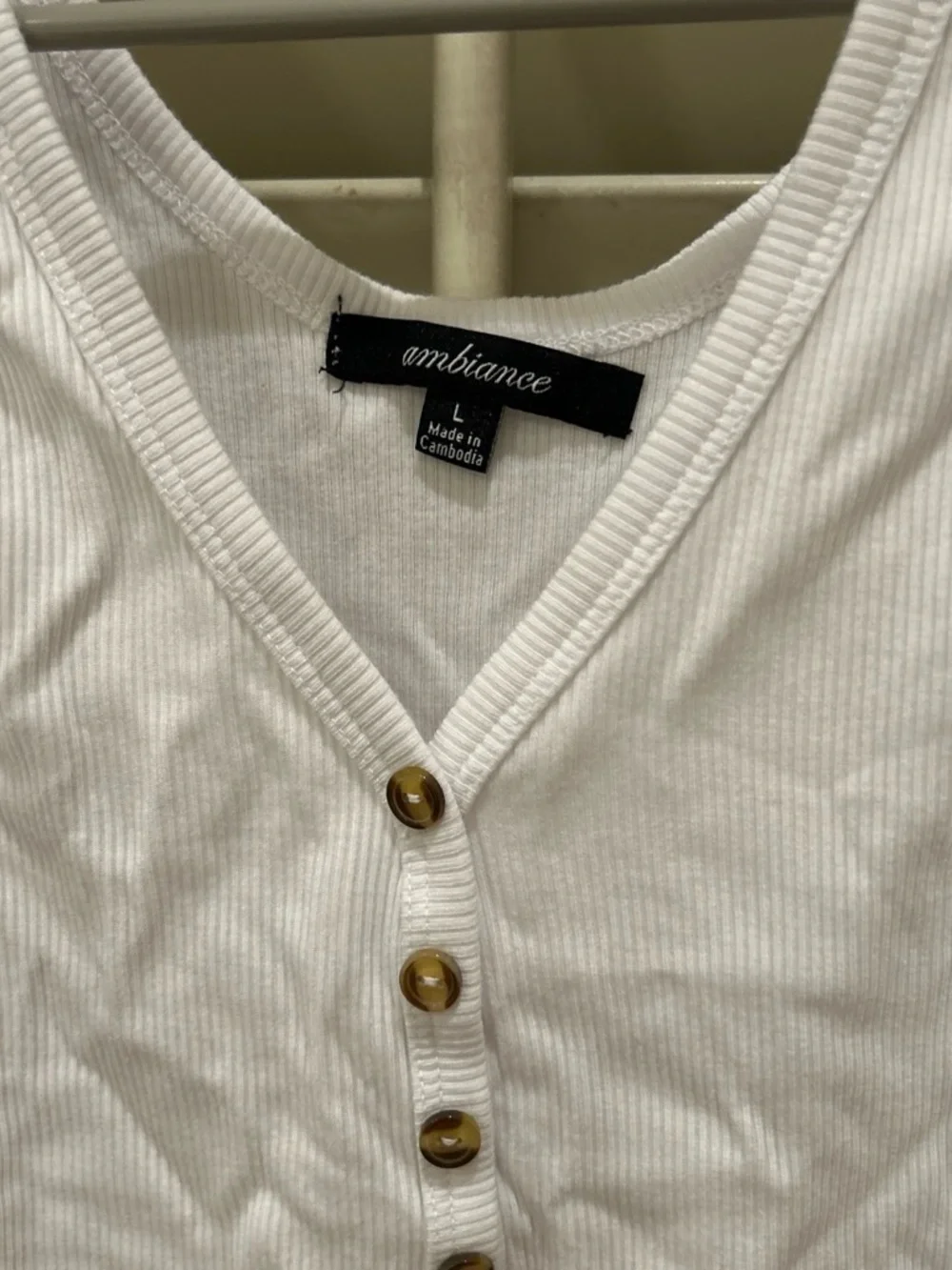 Ambiance White Ribbed V‑Neck Tank with Button Placket
